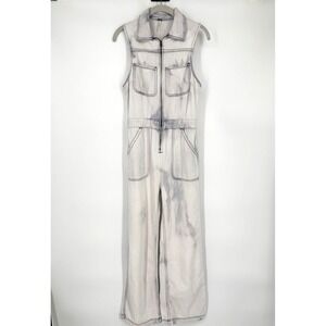 Bleached Free People Wind & More Retro Denim Jumpsuit Sz 4 White Tie-Dye Zipper
